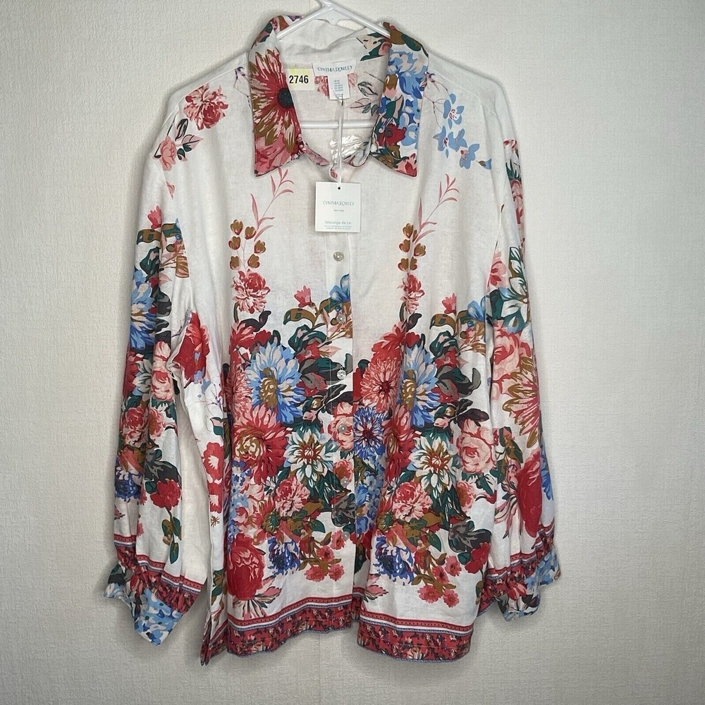 NWT Cynthia Rowley White/Red Floral Long Sleeve Blouse Shirt Women 2X China